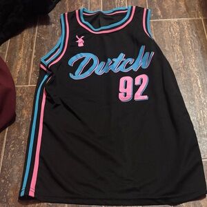 Dutch Bros Black Jersey with Pink and Blue Highlights
